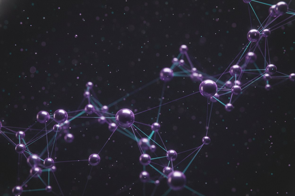 An abstract violet-and-cyan node-and-edge network.