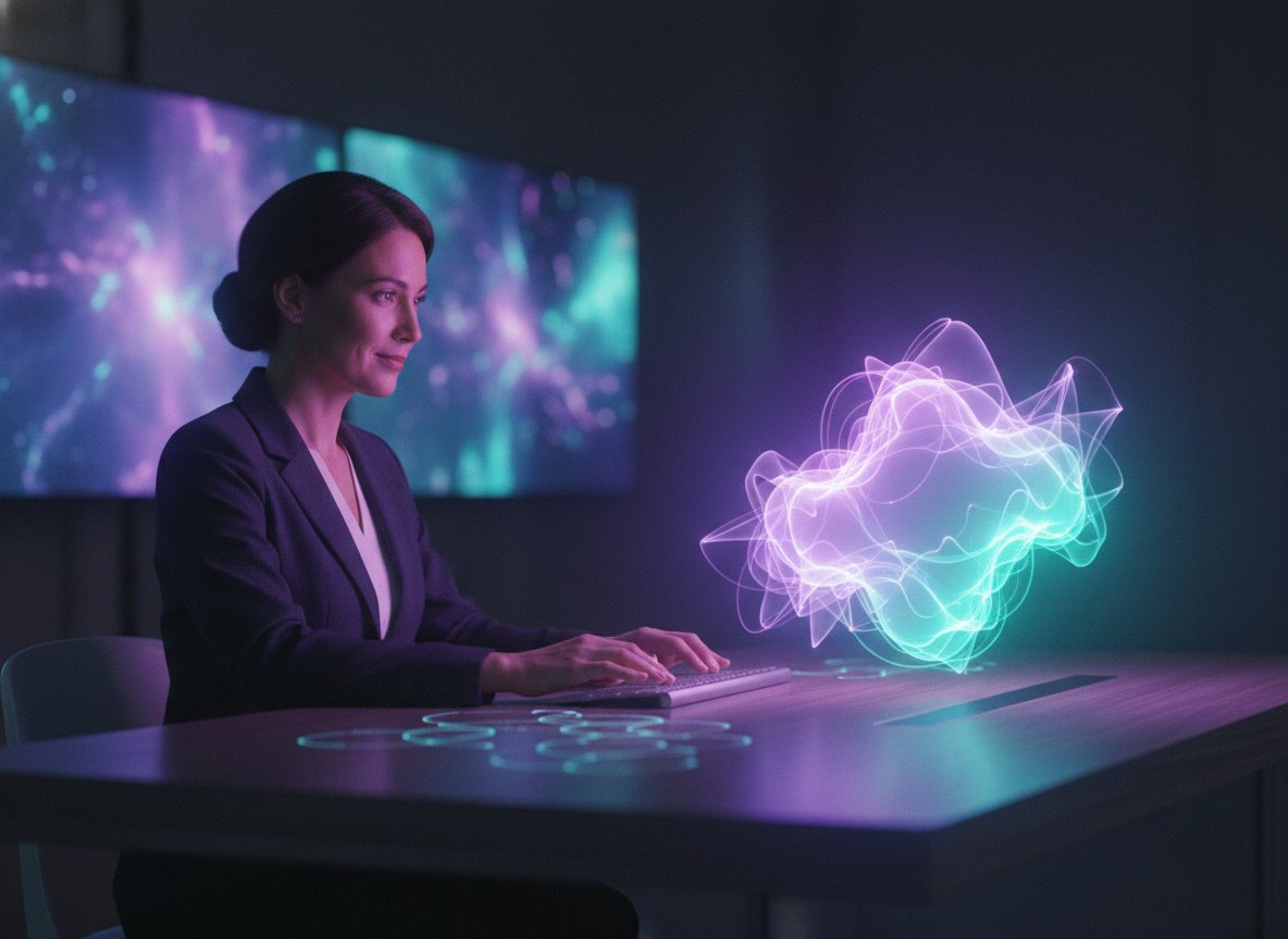 A professional working at a desk alongside soft violet and cyan AI light.