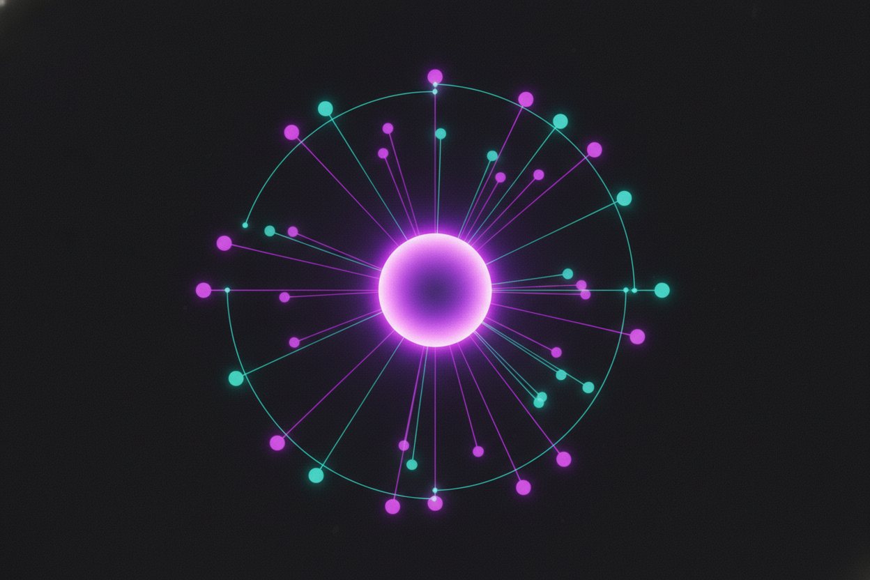 Abstract glowing nodes plugging into a central hub.