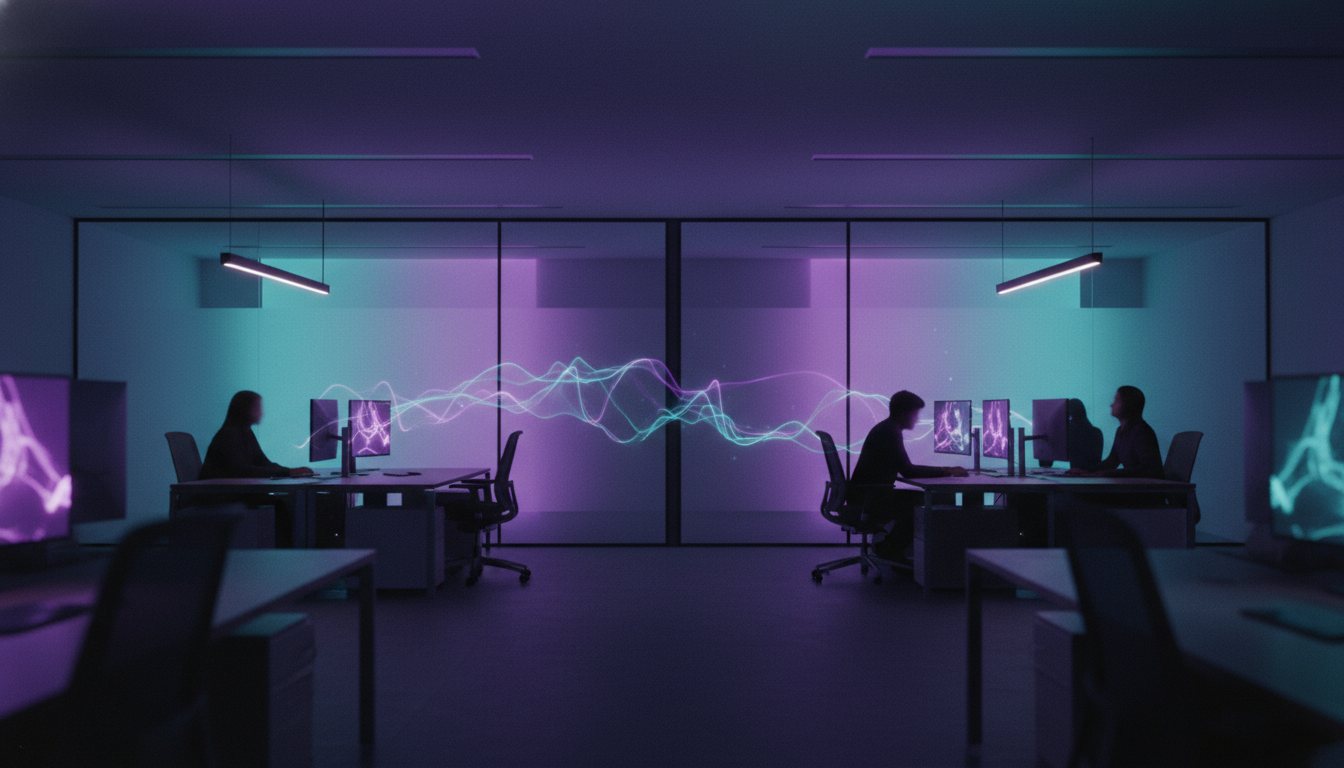 A modern open-plan office washed in soft violet and cyan light.
