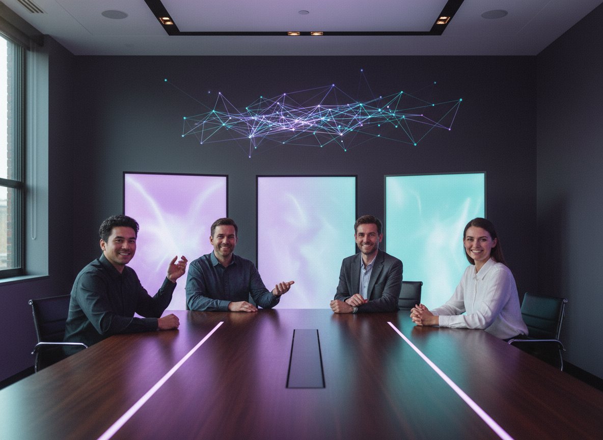A team collaborating with subtle AI light above the table.